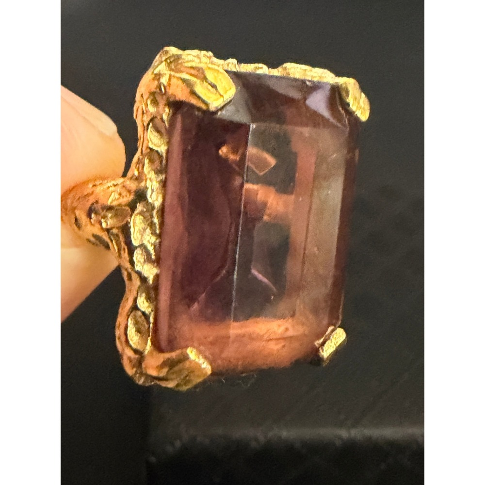 Vintage Cocktail Ring Brutalist Gold Tone Plum